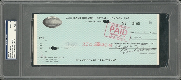 1963 Ernie Davis Signed Cleveland Browns Check Dated 2/18/1963 (PSA/DNA MINT 9)